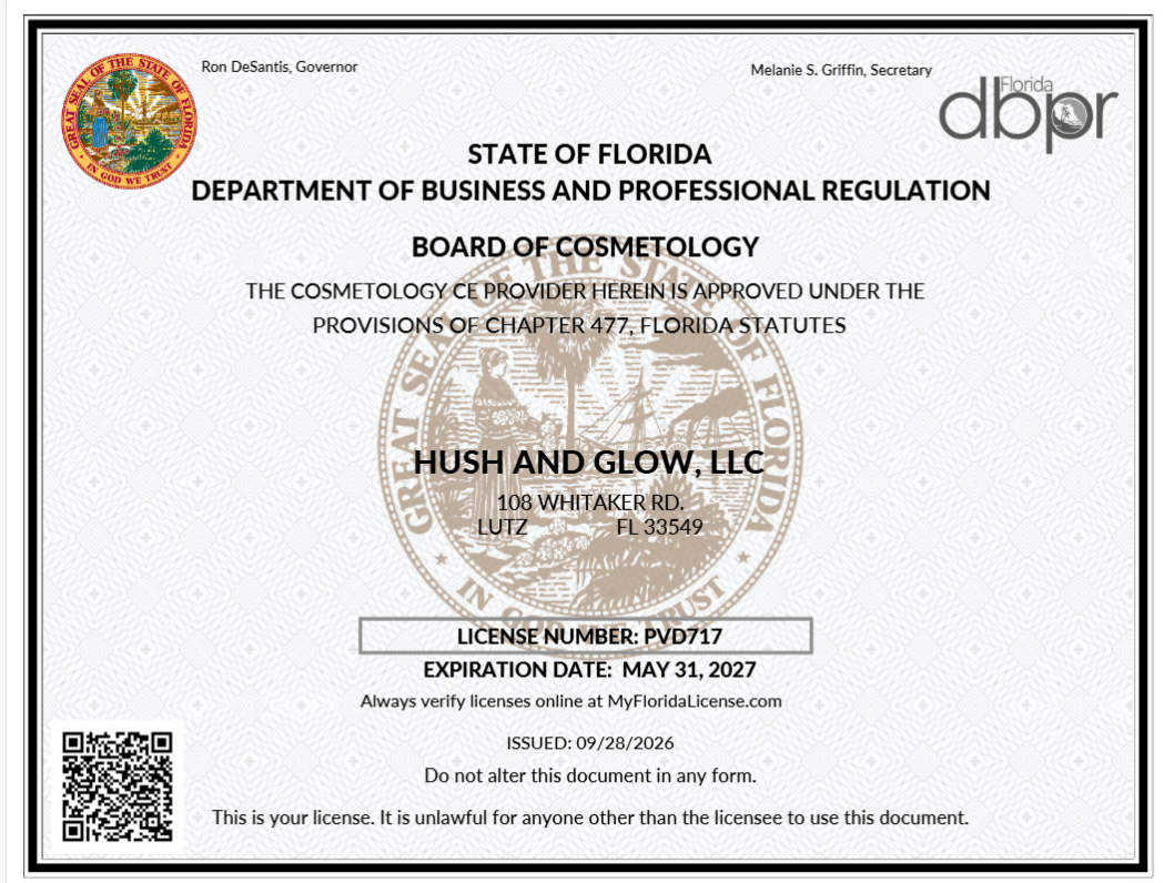 Official Florida Board of Cosmetology continuing education provider certificate issued to Hush and Glow, LLC, provider PVD717