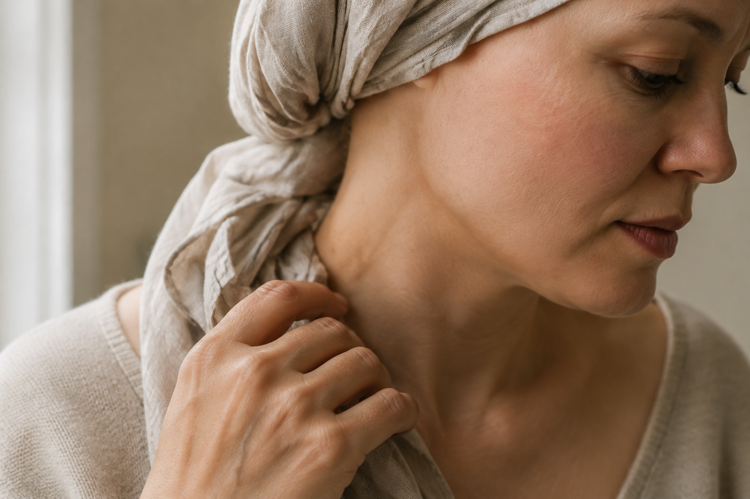 Illustrative close-up of a woman in a soft head scarf, showing her neck and hand